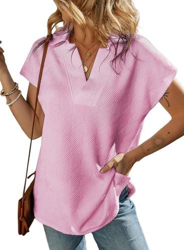 SHEWIN Womens Tops Trendy V Neck Summer Tshirt Loose Fit Collared Short Sleeve Tunic Top Spring Shirts for Women Trendy 2025, Pink (M)