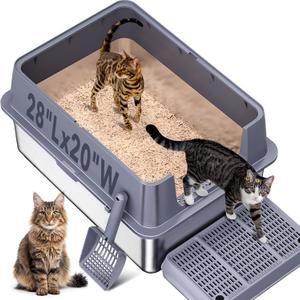 Stainless Steel Litter Box , 28"L*20"W*12"H XXL Extra Large Litter Boxes with lid ,Metal Litter Box with Hight Sides for Big Cats& Multiple Cats,Never Absorbs Odors, Anti-Urine Leakage, Easy Cleaning