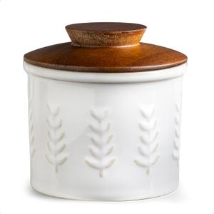 Ceramic Butter Dish With Lid, Butter Crock for Countertop, French Butter Keeper for Spreadable Butter, Elegant Embossed Pattern, Cream White (Leaf-3.94"dia)
