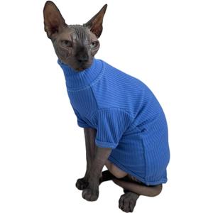 Sphynx Cats Shirt Cat Turtleneck Cotton Sweater Pullover Kitten T-Shirts with Sleeves Cat Pajamas Jumpsuit for Sphynx Cornish Rex, Devon Rex, Peterbald (Small, Deep Blue)