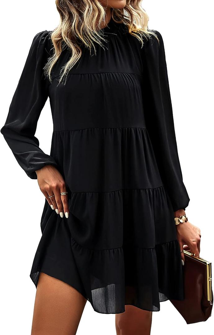 KIRUNDO Long Sleeve Baby Doll Dresses Women 2026 Casual Spring Summer Ruffle Mock Neck Tiered Mini Flowy Swing Shift Dress (Black), L