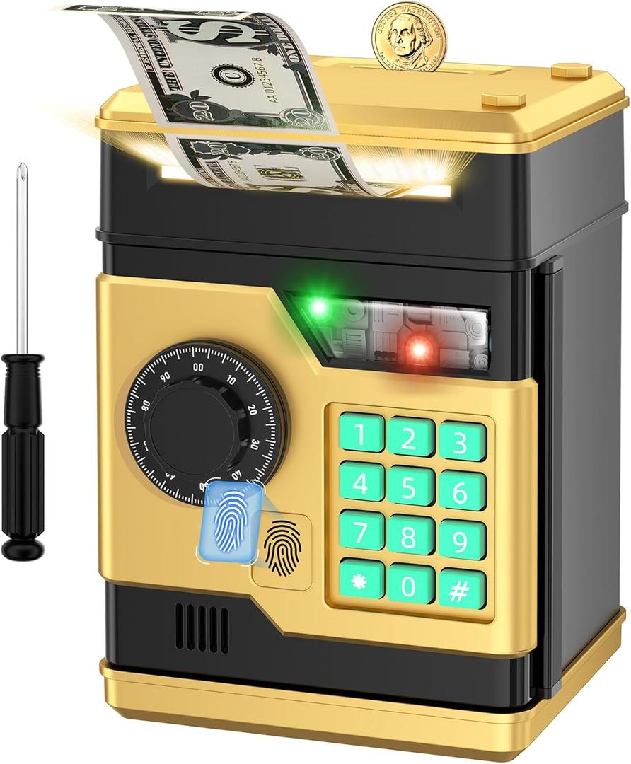 Piggy Bank, Automatic Electronic Piggy Bank for Kids Boys Girls with Password and Fingerprint Unlocking Simulation, Money Bank Kids Safe Toys for 3 4 5 6 7 8 9 10 Year Old Boy Girl (Black Gold)