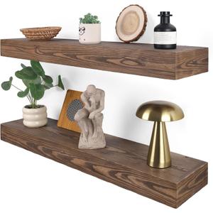 Floating Shelves 3 inch Thick for Wall Set of 2,Solid Pine Wood Wall Mount Shelf for Kitchen Living Room Bedroom Bathroom,8" D x 36" L x 3" H-Distressed Black Walnut