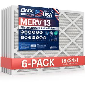 BNX TruFilter 18x24x1 Air Filter MERV 13 (6-Pack) - MADE IN USA - Electrostatic Pleated Air Conditioner HVAC AC Furnace Filters for Allergies, Pollen, Mold, Bacteria, Smoke, Allergen, MPR 1900 FPR 10