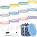 Yomarket 12pcs 10 oz Plastic Containers with Screw Lids, Reusable Clear Food Storage Containers with Pen and Brush for Snack Salad Fruit, Leakproof Small Freezer Container, Microwave & Dishwasher Safe