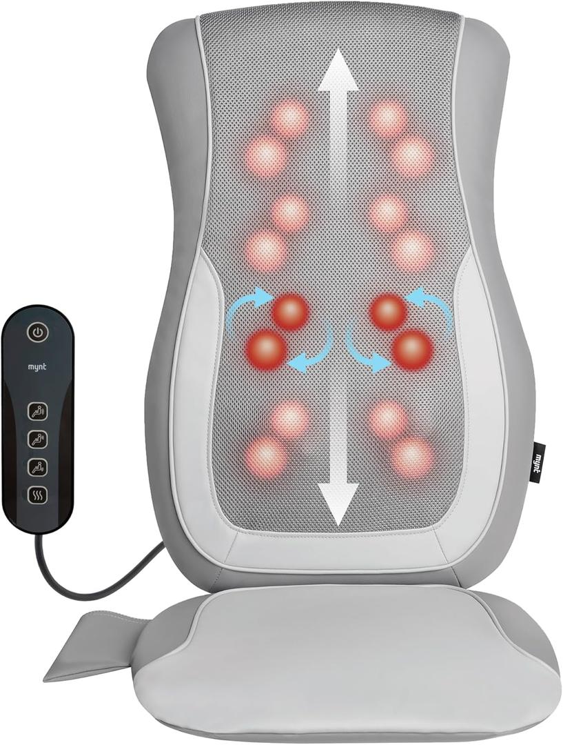 Mynt Gray Back Massager for Chair with Heat for Deep Tissue, Mesh Shiatsu Massage Chair Pad with 4 Deep Kneading Nodes, Heated Back Massage with a Seat Cushion