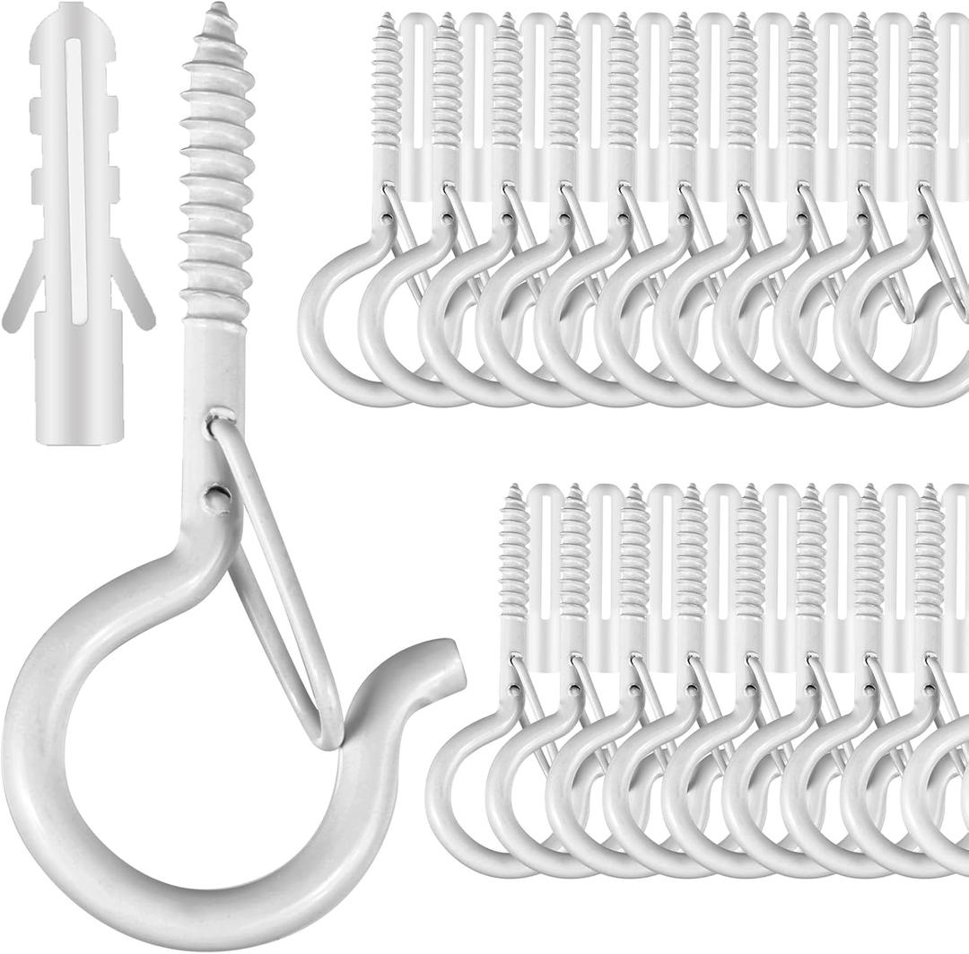 FSAH 25 PCS Screw-in Hooks for Outdoor String Lights, Q Hangers Hooks Outdoor for Outside, Swivel Hanging Basket Patio Light Hooks with Safe Buckle Screw in Planter Eye Hook for Wall Ceiling, White