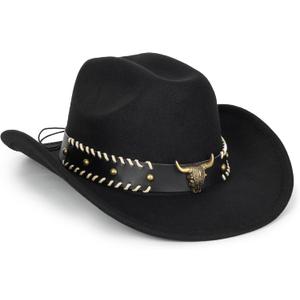 Vintage Western Cowboy Hat for Men Women - Wide Brim Cowgirl Fedora Hats with Braided Rope Band M (M)