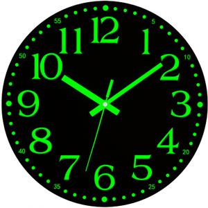 Wall Clock - 12 inch Glow in The Dark Wall Clocks Battery Operated Black Wood Silent Wall Clock Non-Ticking Analog Luminous Clock for Living Room Bedroom Office Kitchen Classroom Bathroom