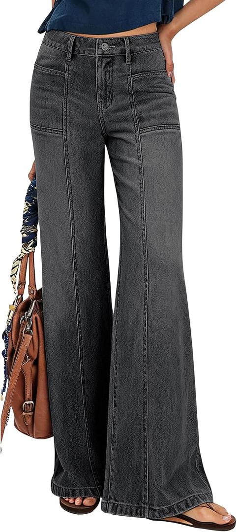 Wide Leg Jeans for Women Trendy High Waisted Flare Jeans Stretchy Baggy Denim Pants with Pockets (Black, XL)