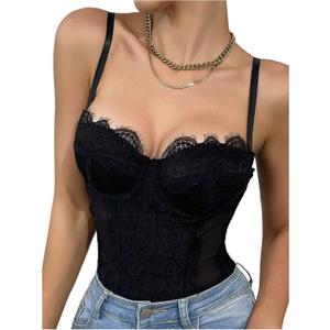 SweatyRocks Women's Lace Corset Shapewear Bodysuits Backless Sleeveless Thong Bodysuit Shirt Tops (X-Large, Black)
