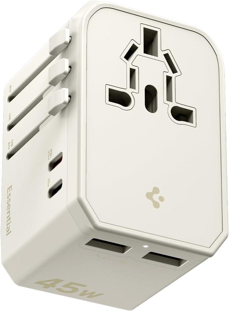Spigen Universal Travel Adapter, 45W International AC Plug Adapter, International Travel Charger for EU UK AUS, Worldwide Travel Adapter, 2 USB-A & 2 USB-C Multiple Ports for Mobile, Dune Beige