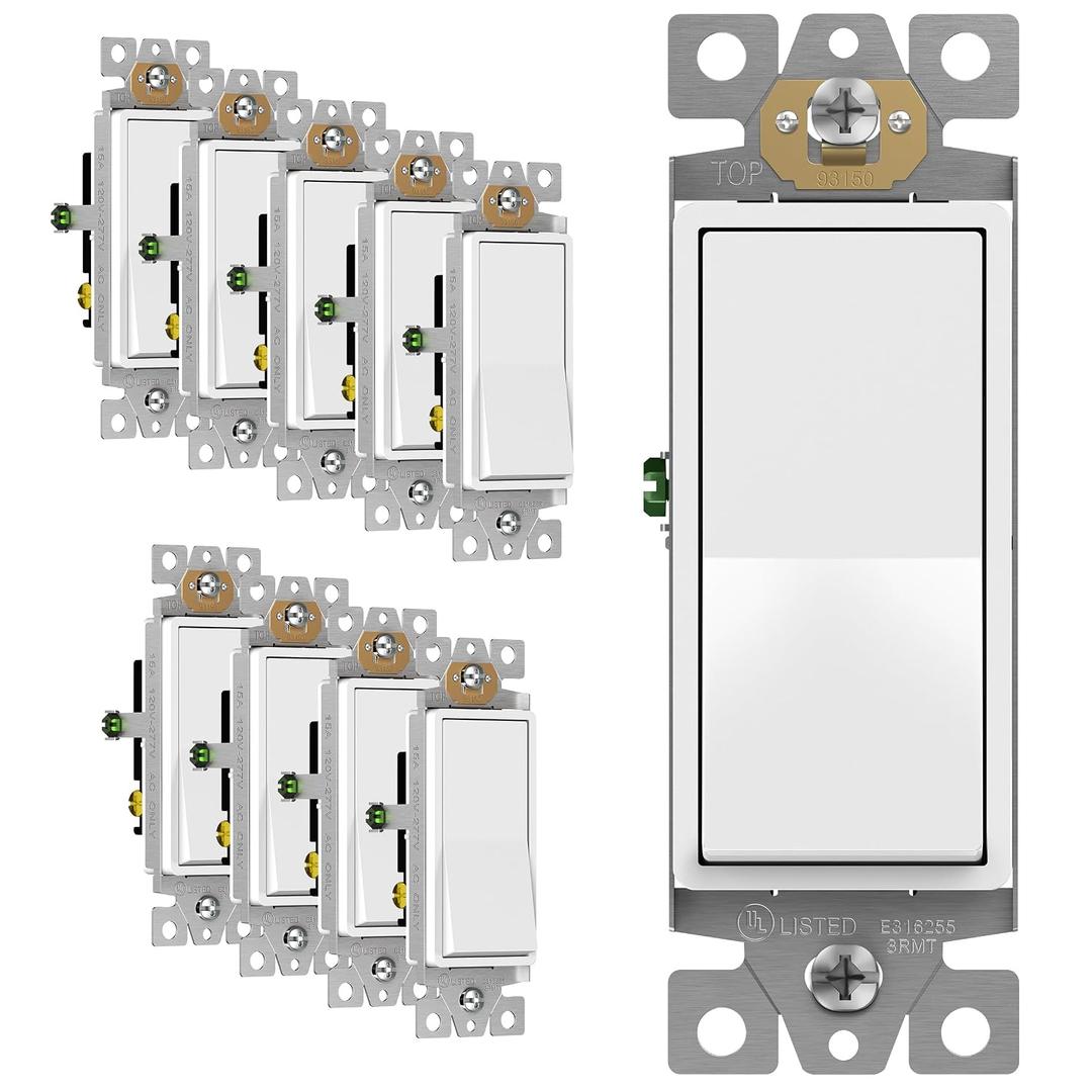 ENERLITES 3-Way Decorator Paddle Rocker Light Switch, Gloss Finish, Single Pole or Three Way, 3 Wire, Grounding Screw, Residential Grade, 15A 120V/277V, UL Listed, 93150-W-10PCS, White (10 Pack)