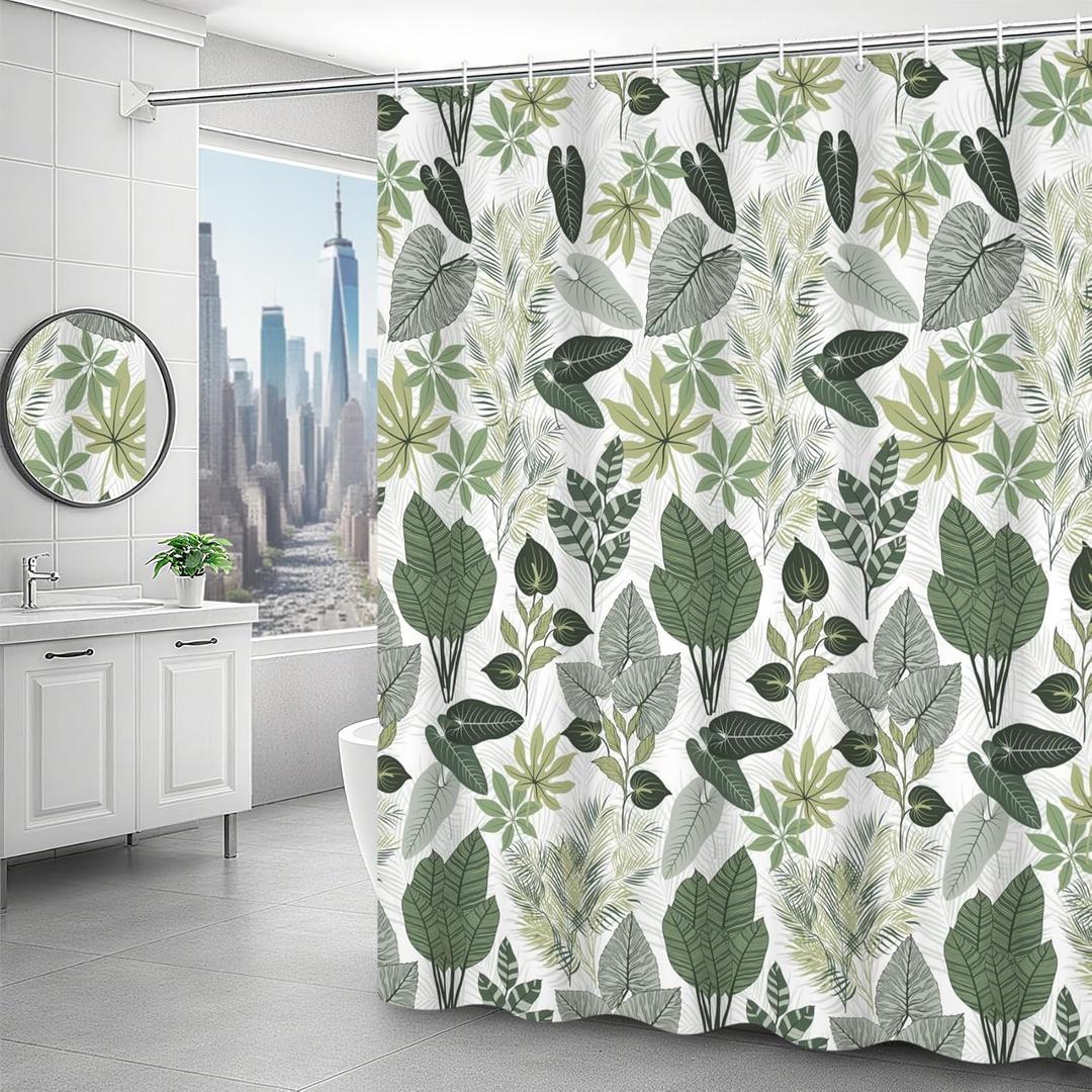 Green Leaf Shower Curtain Tropical Theme Palnt Leaves Curtain for Bathroom Green Jungle Leaves Waterproof Shower Curtain with Hooks Polyester Fabric 72x72 Inch