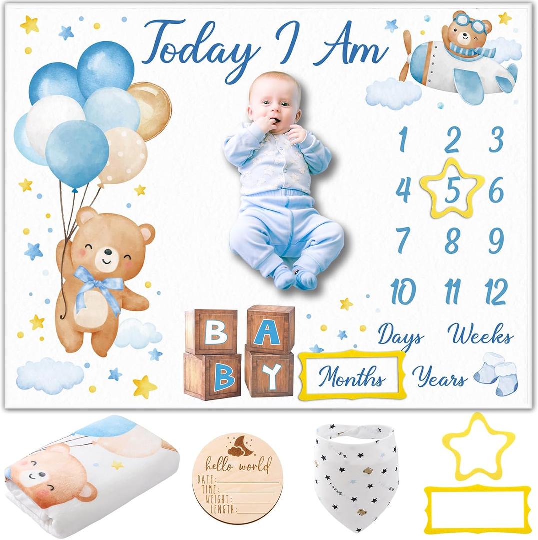 Bear Baby Monthly Milestone Blanket Bear Star Balloon Flannel Blanket Newborn Infant Swaddle Baby Growth Blanket Photography Background with Wooden Signs,Frames,Bibs