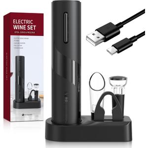 Electric Bottle Opener 5-in-1 ElectricWine Bottle Opener with Rechargeable Storage Base, Foil Cutter, Pour& Stopper (Black Set)