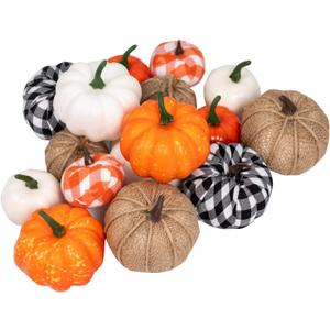 Ueerdand 16 PCS Fall Decor Assorted Sizes Artificial Pumpkins Burlap Faux Foam Pumpkin for Harvest Autumn Season Halloween Thanksgiving Holiday Festive Embellishing and Displaying (Mixed Color)