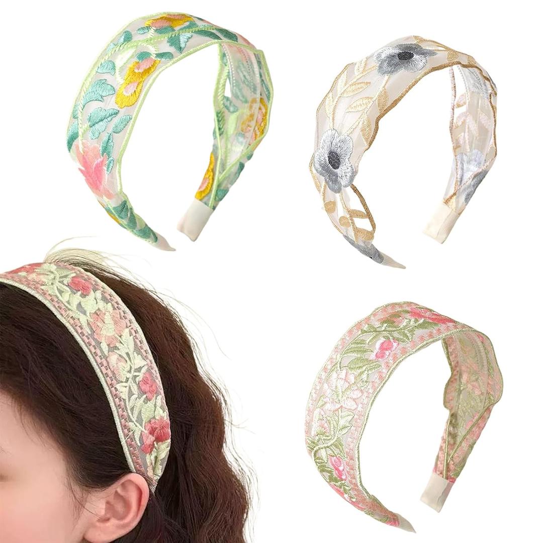 Floral Headband for Women 3 PCS Embroidered Headband,Wide Boho Mesh Fabric Hair Bands,Comfortable and Non-slip Hair Accessories for Girls,Daily Wear and Special Occasions (Pink Yellow Green)