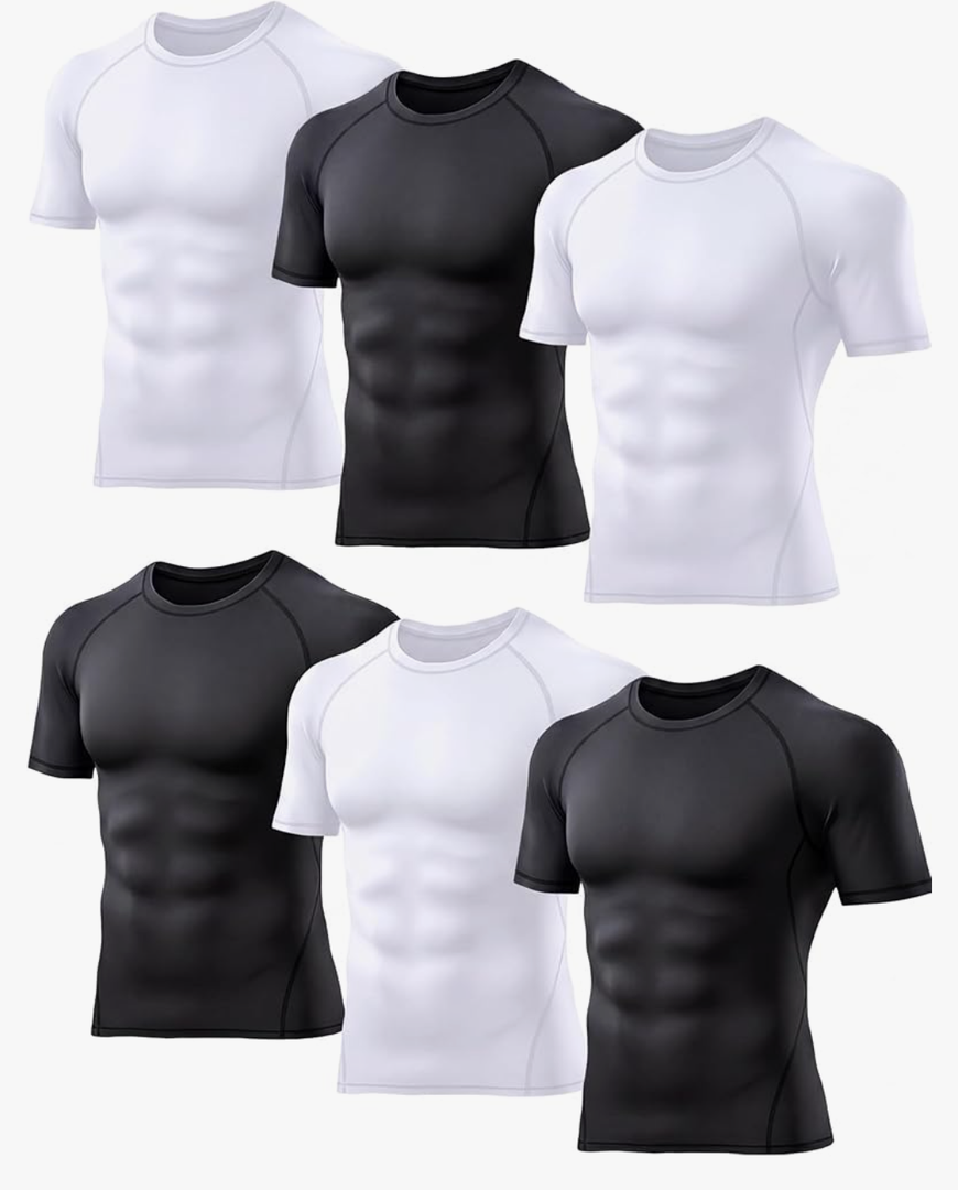 TELALEO 6 Pack Men's Compression Shirt Short Sleeve Athletic Baselayer Sports T Shirts Workout Tops for Men Black White
