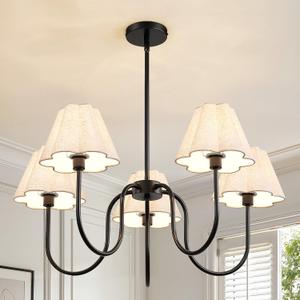 RUIYEY Gold Chandeliers for Dining Room - 28" 5-Light Modern Mid-Century Chandelier with Flower Scalloped Fabric Shades, Height Adjustable Farmhouse Pendant Ceiling Light Fixture for Bedrooms Kitchen
