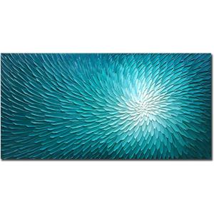 AMEI Art, 24X48Inch Hand Painted Abstract Teal Blue Textured Oil Paintings Floral Artwork Acrylic Canvas Paintings Wall Art Wood Inside Framed Ready to Hang