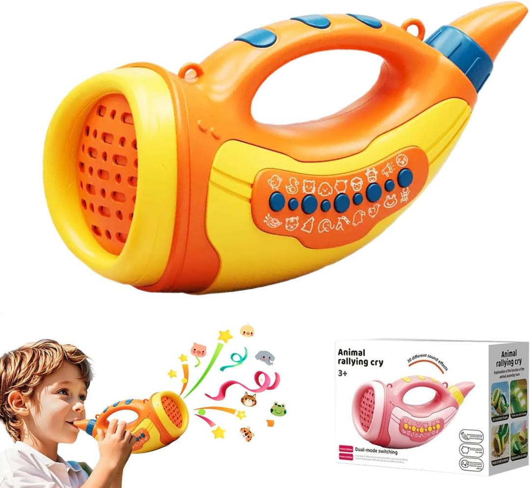Toys for 3 Years Old Boy Girl Birthday Gift, Music Animal Caller Toy with 30 Realistic Animal Sounds, Early Learning Toy for Kids Todlers with 8" Horn and 3-Level Lights (Yellow - Horn)