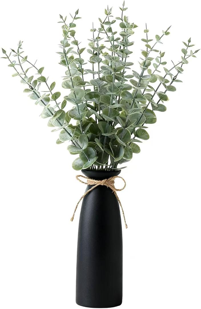 Vase with Greenery, 20pcs Artificial Eucalyptus Stems in Black Vase, Fake Plant Home Decor, 19" Decorative Faux Plants for Home Farmhouse Mantle Centerpiece Decor