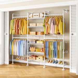 ULIFHOME M6 Clothes Rack for Wall Mounted, Heavy Duty Closet Wardrobe System with 8 Shelves and 4 Hanger Rods, 68.5" W x 11.8" D x 86.6" H Clothing Storage Organizer for Holding 1064lbs, White