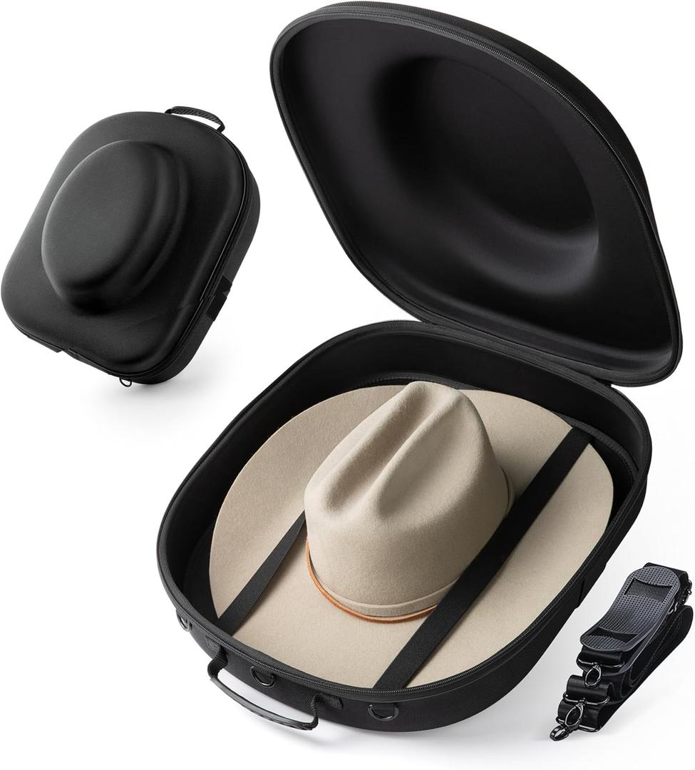 Cowboy Hat Travel Case  Crushproof Carrier for Cowboy, Panama & Tweed Hats with Carrying Handle, Shoulder and Luggage Strap, For Travel and At-Home Storage (Large) (Black)