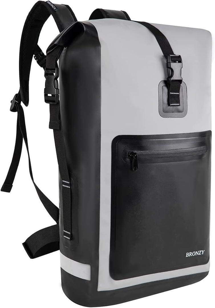 BRONZY Waterproof Backpack Dry Bag 30L Roll Top Closure With Front Zippered Pocket Heavy Duty Breathable Foam Padded Backing For Kayaking Camping Boating Hiking Beach (Grey)