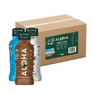 ALOHA Organic Plant Based Ready to Drink Protein Shake VARIETY PACK (12ct, 12oz Bottle) 20g Protein, Low Sugar & Carb, Gluten-Free, MCT Oil, Paleo, Non-GMO, No Soy, Stevia or Sugar Alcohol Sweeteners (EXP 03/01/27)
