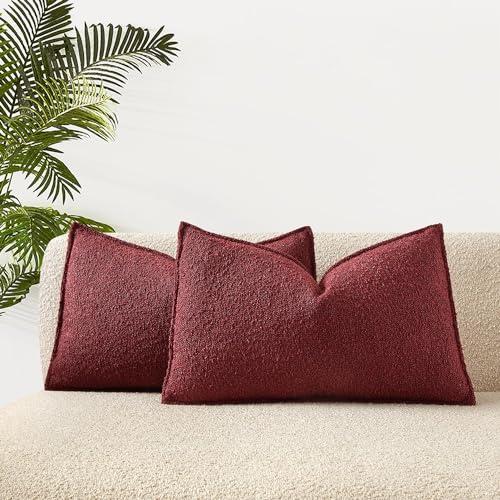 JUSPURBET 16x24 Throw Pillow Covers Set of 2 Decorative Pillow Covers for Couch Sofa Bed Cozy Boucle Textured Lumbar Cushion Covers Cases with Invisible Zipper for Living Room Home Decor,Burgundy