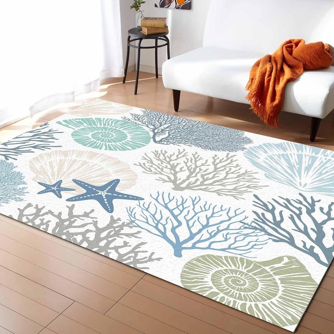 Blue Coral Area Rug for Living Room, Coastal Ocean Nautical Rectangular Indoor Carpet - 4' x 6', Summer Starfish Shells Marine Themed Non-Skid Bathroom Mat Kitchen Runner Rugs for Bedroom
