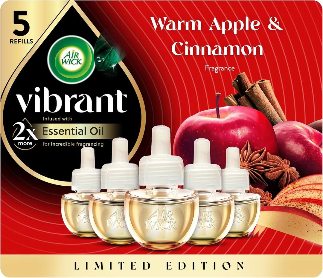Air Wick Vibrant Plug In Scented Oil Refill, Infused with Essential Oils, Plug In Air Fresheners for Home, Fall Scent, Fall Dcor, Warm Apple & Cinnamon, 5 ct (3.35 Fl Oz (Pack of 1))