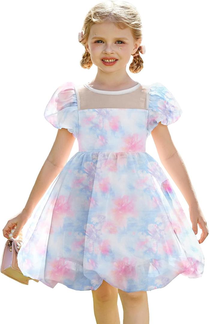 Arshiner Toddler Girls Dress Contrast Mesh Puff Short Sleeve Flowy Bubble Hem Organza Casual Party Dresses, 4-5T, Blue Pink Tie Dye