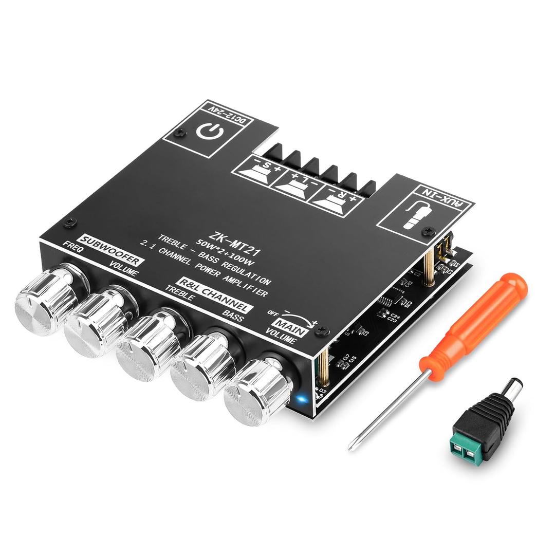 Daakro ZK-MT21 Bluetooth Amplifier Board,50W+50W+100W 2.1 Channel Subwoofer Amp Board with Treble/Bass/Sub Control, DC 9-24V, Bluetooth and AUX Inputs, DIY Wireless Speakers AMP Board, Password Free