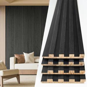 Art3d Slat Wood Wall Paneling for Interior and Ceiling Decoration - Pack of 4pcs + 1pc End-Trim, Size 108 x 5.7in.- Black