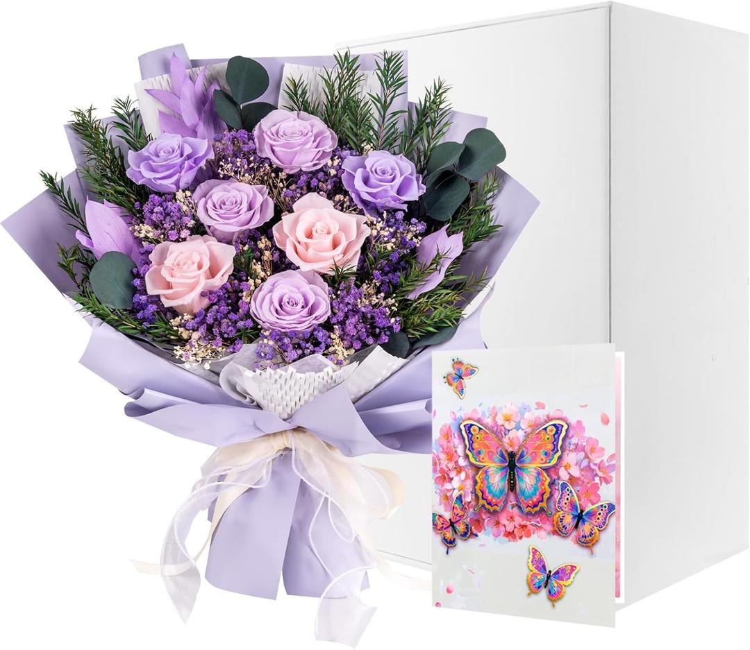 Magic Ants Preserved Roses Real Flowers Last 3 Years No Water 16" Forever Rose Bouquet 7 Lavender Purple Pink Eternas Mothers Day Anniversary Birthday Gift Box Card for Mom Wife Girlfriend