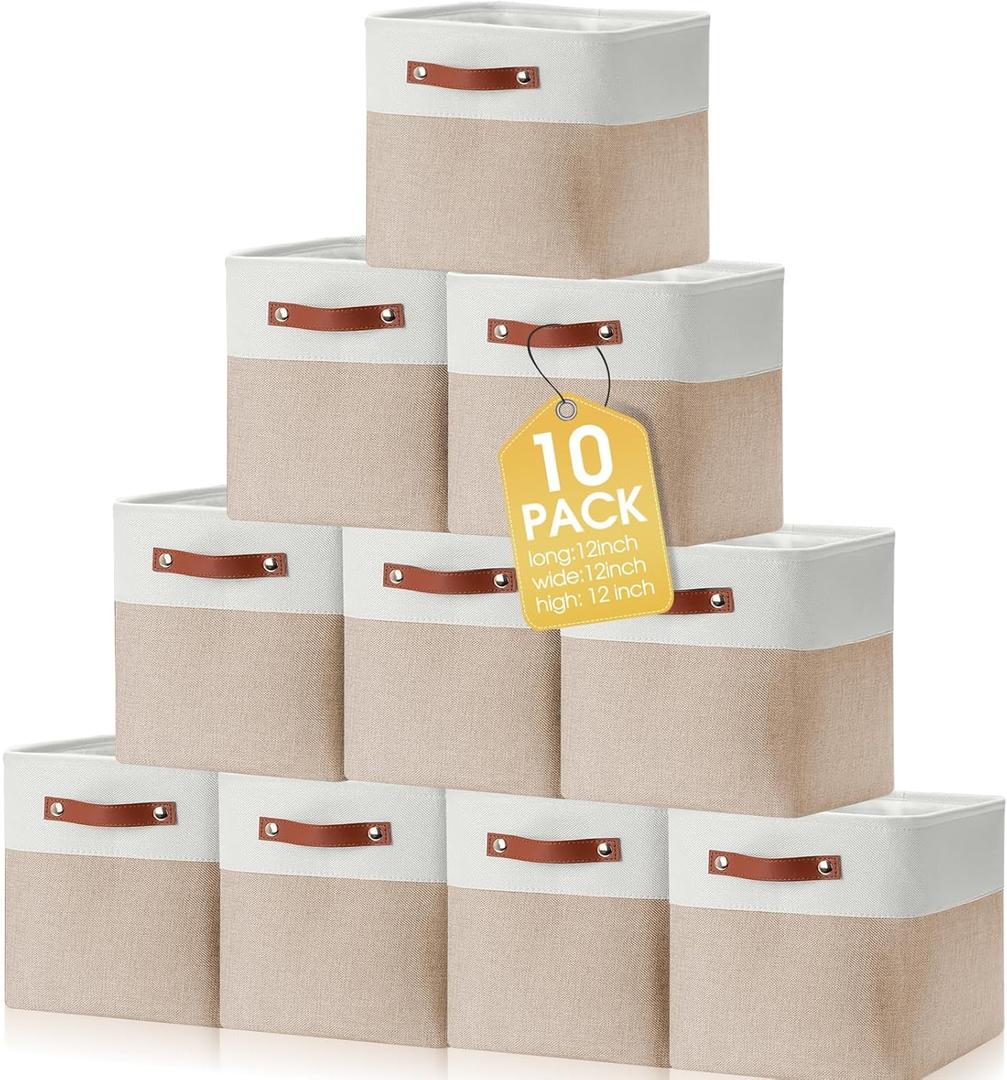 Uiifan 10 Pcs Collapsible Storage Bins Fabric Foldable Storage Basket with Handles Cloth Organizer Linen Shelf Baskets for Shelves Home Closet Nursery Toys(12 x 12 x 12 Inch,Beige and White)