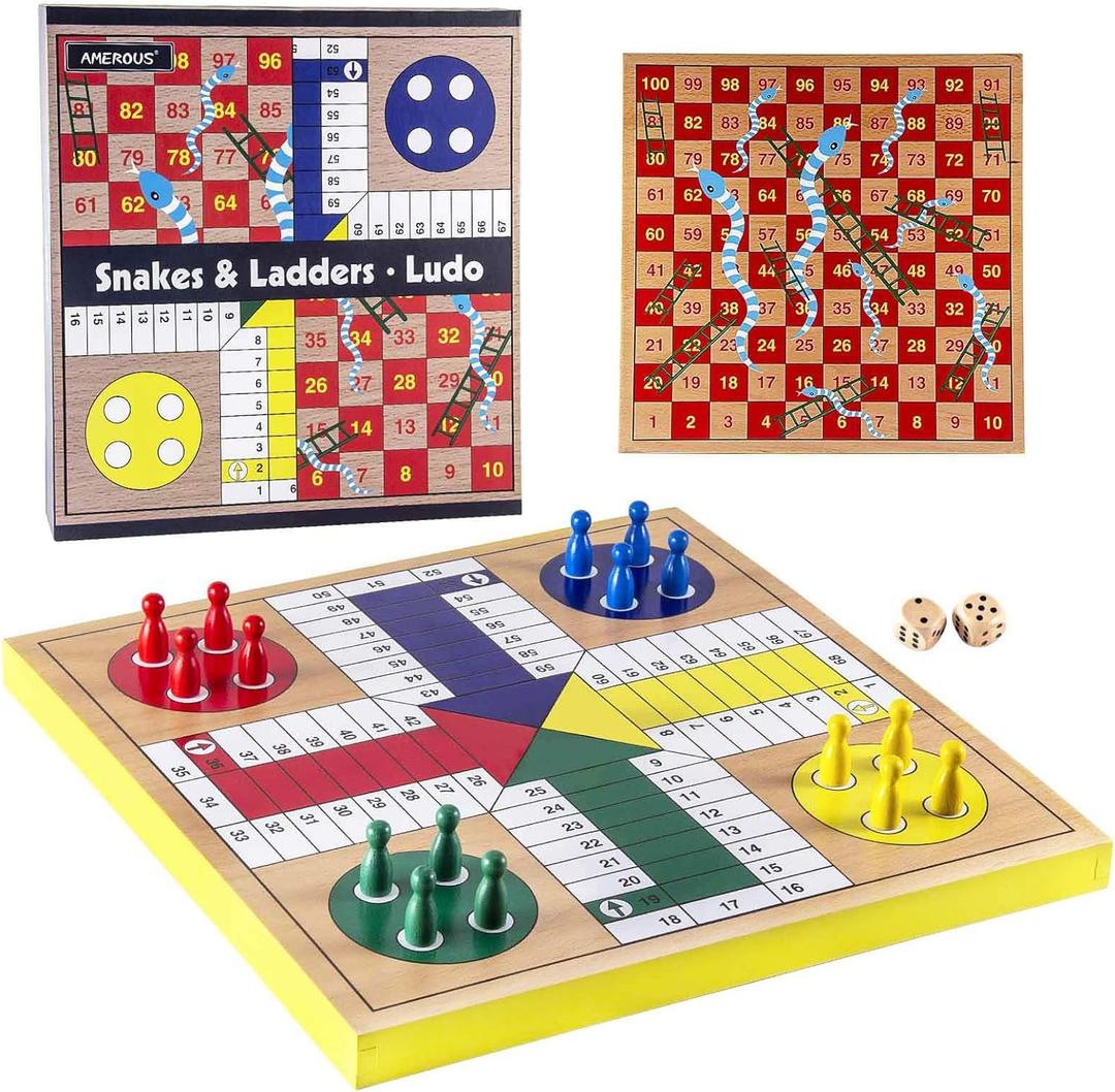 AMEROUS 12 inches Wooden Ludo Board Game - Snakes and Ladders, 2 in 1 Reversible, 1-4 Players Family Dice Games Set for Kids, Adults, Classics Tabletop Version (Gift Box Packed)
