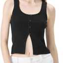 florence by mills Women's Bright Side Peek-a-Boo Knit Button Up Tank Top (Black, L)