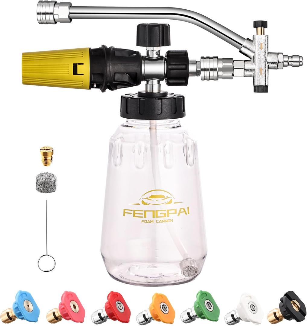 FENG PAI Foam Cannon for Pressure Washer with Dual-connector Accessory, 7 Power Washer Sprayer Nozzles, 1/4" Quick Connect Double Tip Attachment Soap Bottle Sprayer Soap, 3600 PSI (Clear)