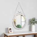Vintage Large Round Mirrors for Wall Decor 19 Inch, Rustic Distressed White Hanging Mirror with Bird and Iron Chain, Farmhouse Metal Circle Wall Mirrors Decorative for Living Room Entryway