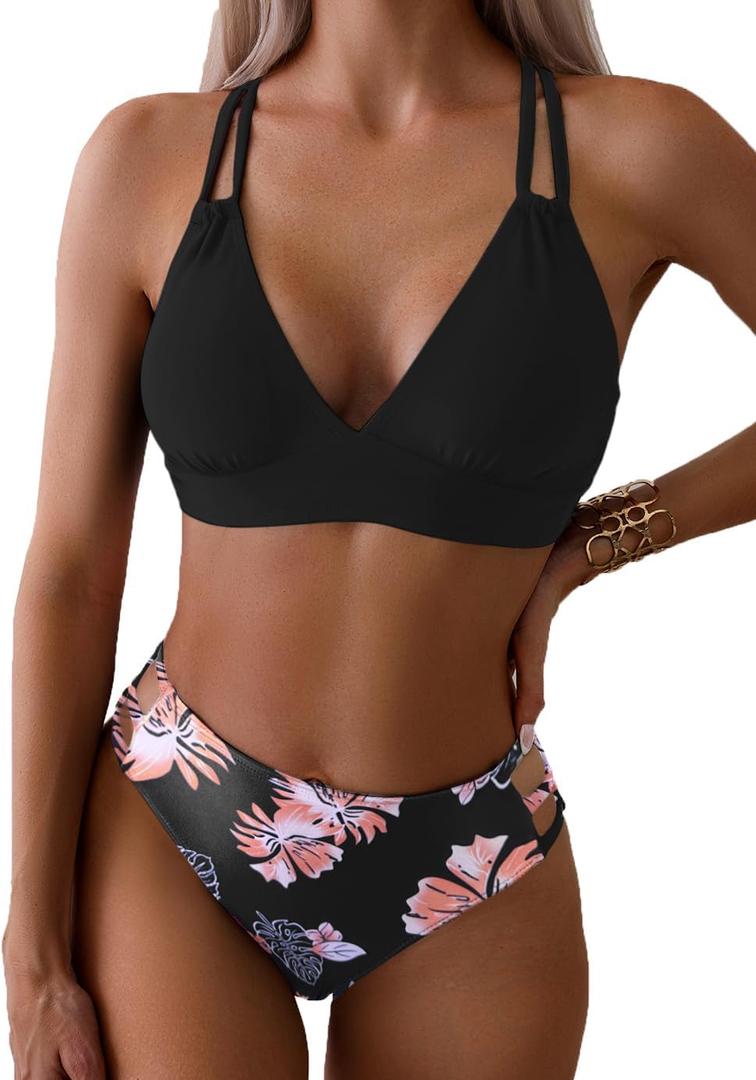 Tainehs Women's Push Up V Neck Bikini Sets Criss Cross Back Two Piece Bathing Suit (Small, Black Floral)