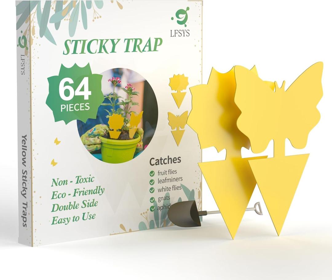 2 Packs LFSYS 64 Pcs Sticky Traps for gnat, Yellow Sticky Fruit Fly Traps for Indoors Plants, Indoor Safe for Gnat, Fruit Fly, White Fly, Aphid, Leaf Miner