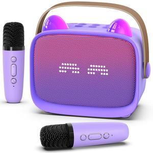Mini Karaoke Machine Toys Gifts, Kids Portable MP3 Player with 2 Wireless Microphone and LED, Christmas Birthday Gifts for Girls Boys 3 4 5 6 7 8+ Year Old (Purple)