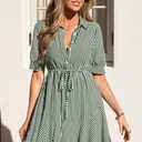 MASCOMODA Womens Puff Short Sleeve Striped Mini Summer Dress Spring Casual V Neck Button Down A Line Short Work Shirt Dresses (Green, M)