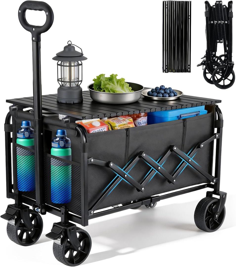 500LBS Collapsible Folding Wagon Carts with Table, 2 Brakes, 2 Cup Holders