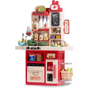 Hitish Kids Kitchen Playset Set, 63PCS Pretend Play Kitchen Toys for Toddlers, Cooking Stove with Steam Sound Light, Play Sink with Manual Faucet, Play Food Accessories Gift for Girls, 33H Red