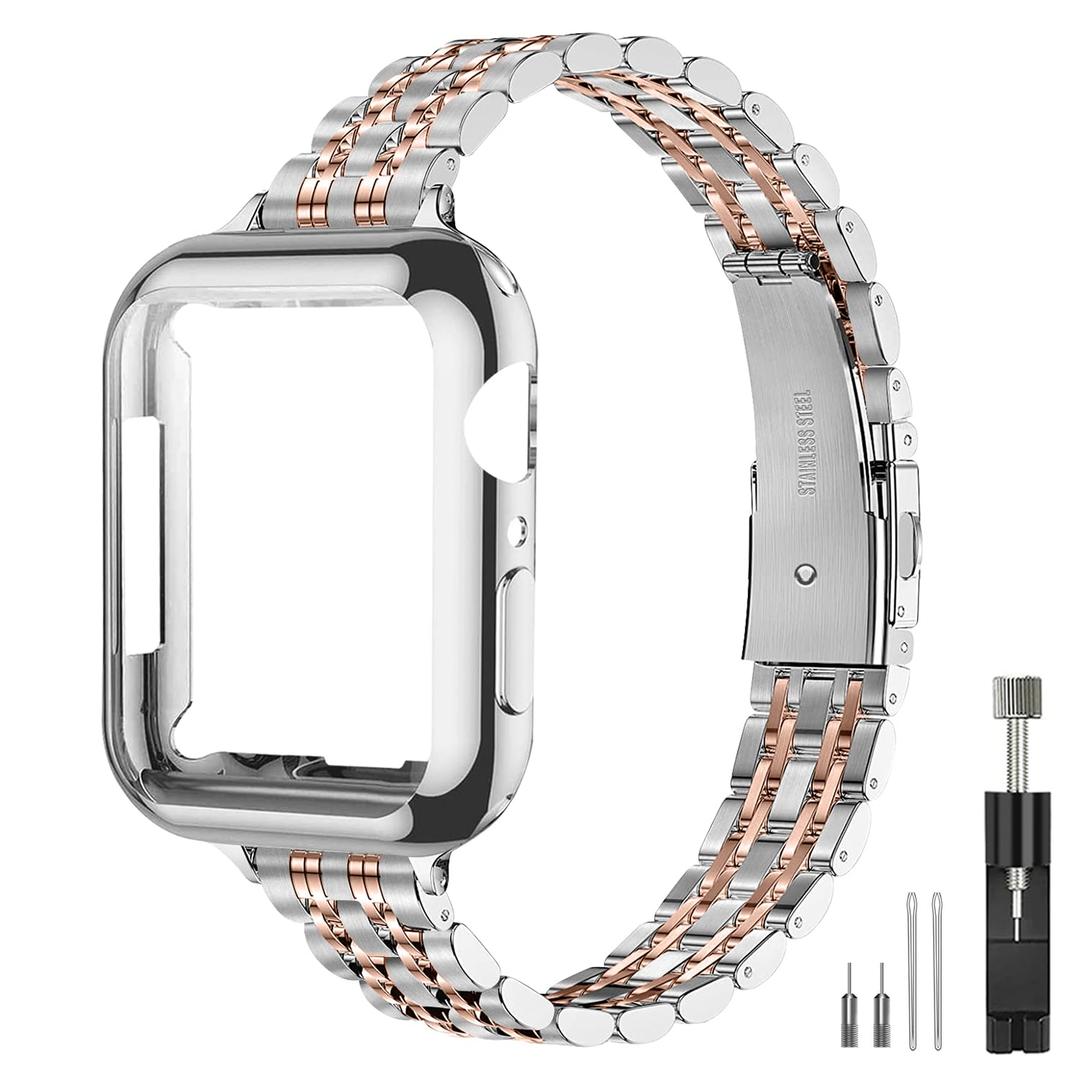 QUNDAXI Slim Watch Band Compatible with Apple Watch 41mm 45mm 42mm 44mm 40mm 38mm Metal stainless steel Watchband suitable for iWatch 9/8/7/6/5/4/3/2/1/SE series Women Luxury strap (38mm 40mm 41mm, | Luxury Stainless Steel Strap, Suitable for iWatch Series 9/8/7/6/5/4/3/2/1/SE for Women, Silver & Rose Gold